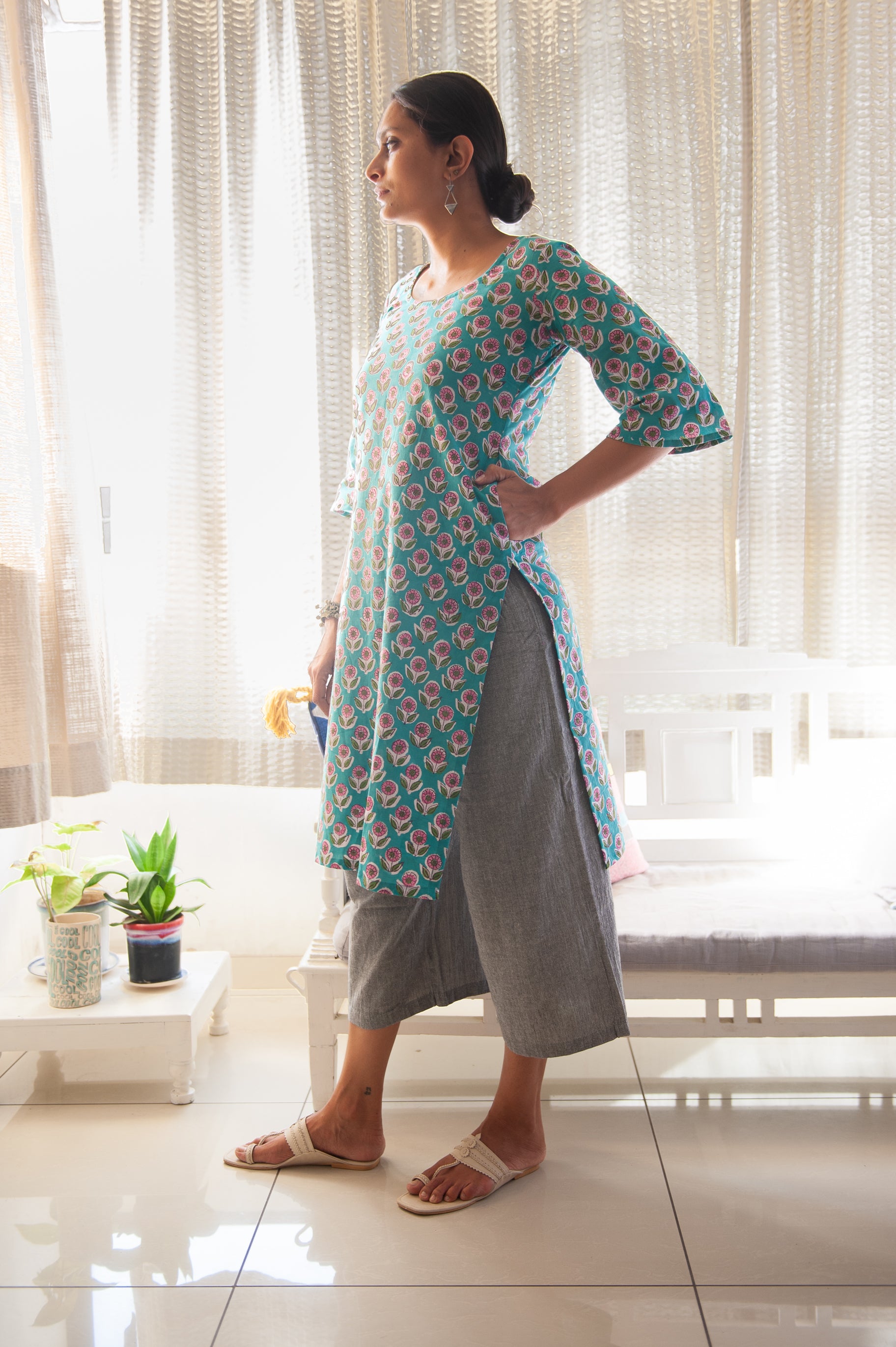 Basic Wide Sleeve Kurta - Teal and Pink floral